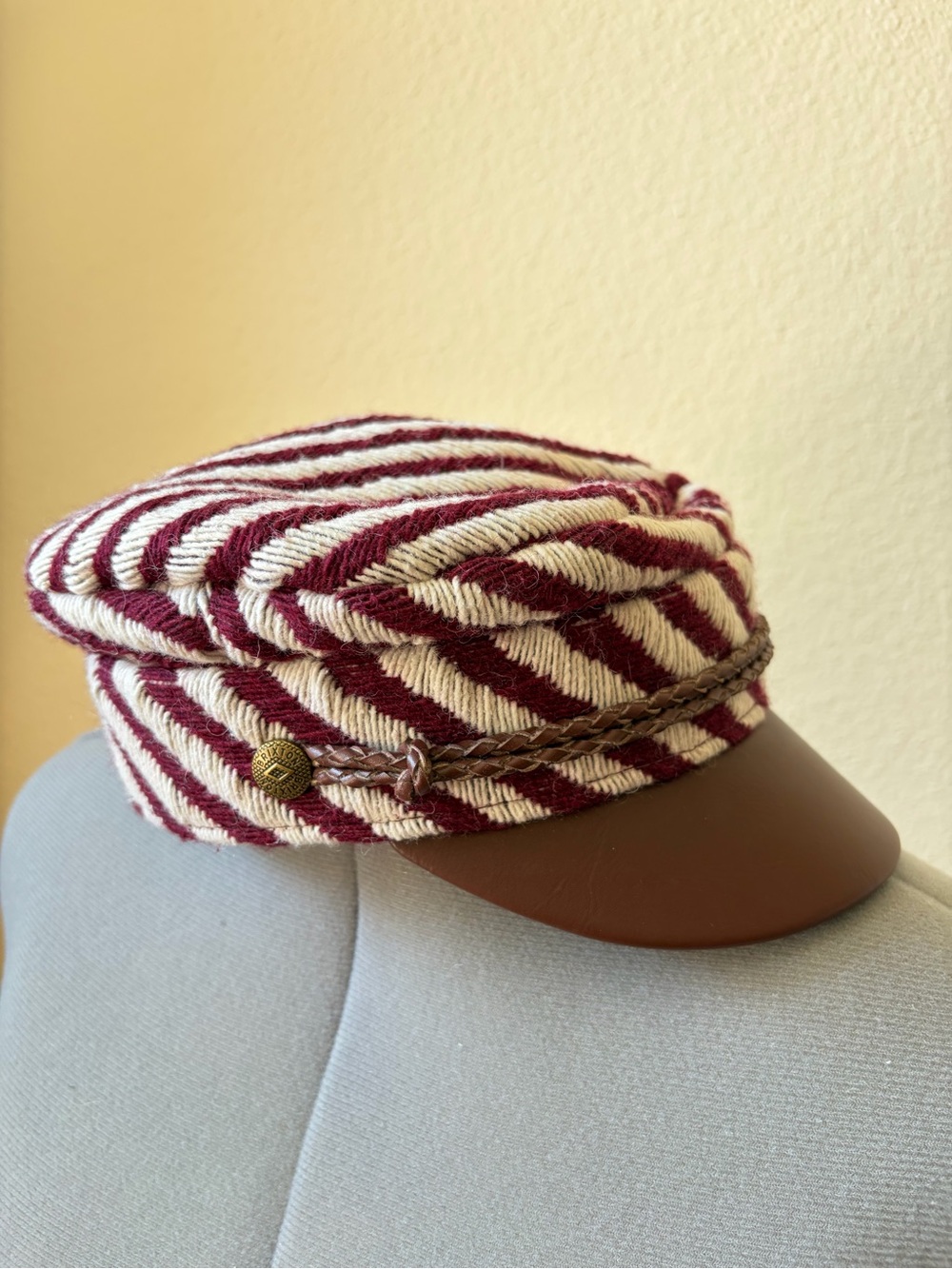 Brixton Albany Cap Burgundy Cream Striped Newsboy Nautical Sailor Hat Y2K - Picture 6 of 9